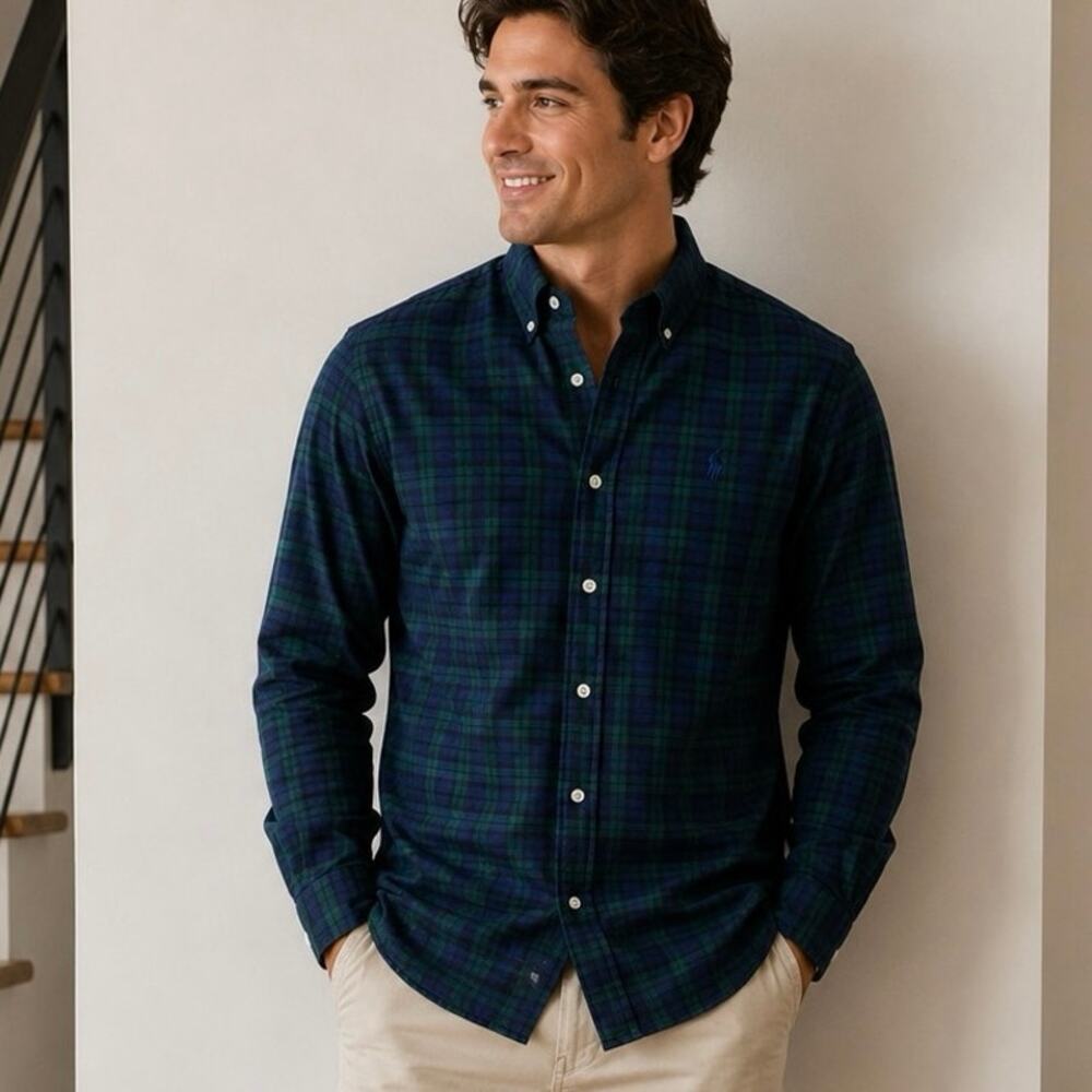 Ralph Lauren Plaid Button Down Shirt Men Small Blue Green Pony Logo Cotton - Picture 2 of 13